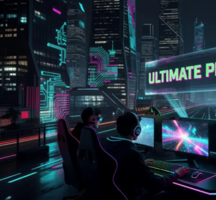 Dynamiczna scena gamingowa z neonowymi efektami