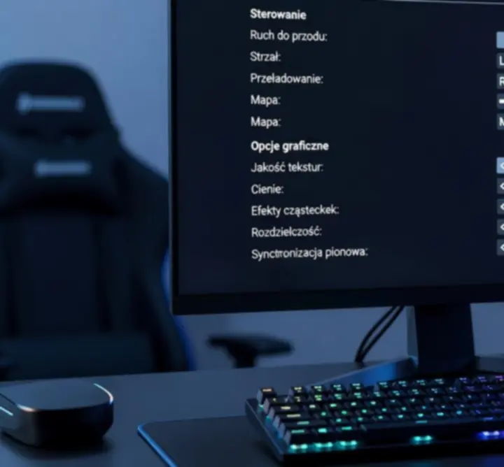 Stanowisko gamingowe z monitorem, klawiaturą i kontrolerem podczas konfiguracji ustawień.